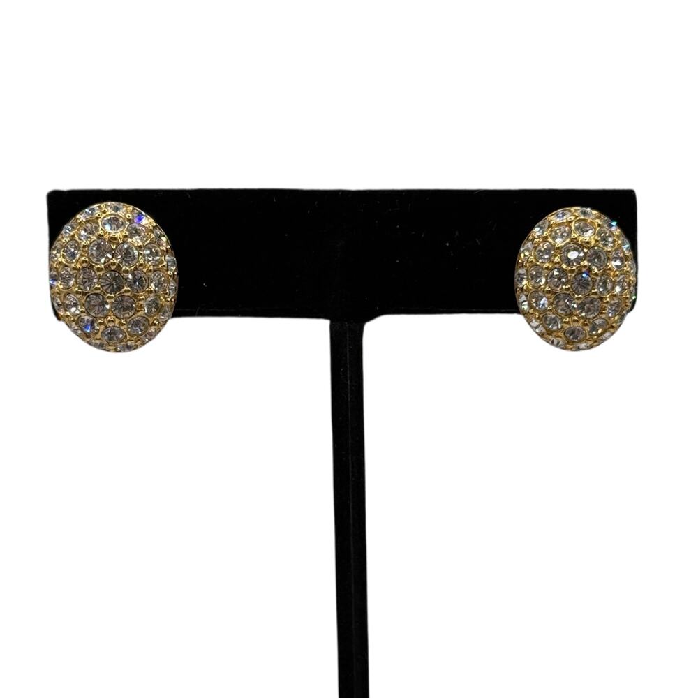 Swarovski Gold Tone Clear Crystal Pave Dome Stud Earrings Post Quiet Luxury Glam - Picture 9 of 9